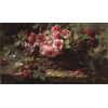 Weidenkorb mit rosa und rote Rosen, und Glasvase <br />
       <small>Öil auf Leinwand - <small85>Höhe x Breite</small85> : 60 x 97 cm - <small85>Signiert</small85> : F. Mortelmans <small85>links unten</small85></small>