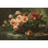 Wicker basket with pink and red roses <br />
       <small>Oil on canvas - <small85>Height x Width</small85> : 55 x 80 cm - <small85>Signed</small85> : F. Mortelmans <small85>right below</small85></small>