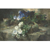 Table avec pot de fleur cassé, et violets blancs et bleus <br />
       <small>Huile sur bois - <small85>Hauteur x Largeur</small85> : 40 x 60 cm - <small85>Signé</small85> : F. Mortelmans <small85>à gauche en bas</small85></small>