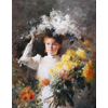 Carola, youngest sister of the painter, surrounded by chrysanthemums <br />
       <small>Oil on canvas - <small85>Height x Width</small85> : 106 x 90 cm - <small85>Signed</small85> : F. Mortelmans Antw 93 <small85>right below</small85></small>