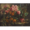 Wicker basket with roze and oranje rozen <br />
       <small>Oil on canvas - <small85>Height x Width</small85> : 70 x 100 cm - <small85>Signed</small85> : F. Mortelmans <small85>right below</small85></small>