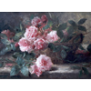 Wicker basket with pink roses <br />
       <small>Oil on canvas - <small85>Height x Width</small85> : 49 x 79 cm - <small85>Signed</small85> : Frans <small85>left below</small85></small>