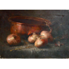 Table on which copper pot with 4 onions <br />
       <small>Oil on canvas - <small85>Height x Width</small85> : 30 x 50 cm - <small85>Signed</small85> : F. Mortelmans <small85>right below</small85></small>