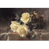 3 white-yellow roses on table <br />
       <small>Oil on canvas  -  <small85>Height x Width</small85> : 38 x 58 cm  -  <small85>Signed</small85> : Frantz Anvers <small85>right below</small85></small>