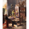 Frans Mortelmans, in his studio in front of his easel painter <br />
       <small>Oil on canvas - <small85>Height x Width</small85> : 60 x 48 cm - <small85>Signed</small85> : F. Mortelmans Antw <small85>right below</small85></small>