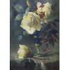Blue vase on gold-plated base with yellow roses <br />
       <small>Oil on canvas - <small85>Height x Width</small85> : 44 x 29 cm - <small85>Signed</small85> : Frantz Mortelmans <small85>left below</small85></small>