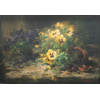 Yellow and blue violets with broken flowerpot <br />
       <small>Oil on canvas - <small85>Height x Width</small85> : 31,5 x 49 cm - <small85>Signed</small85> : F. Mortelmans <small85>right below</small85></small>