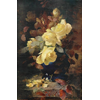 Blue vase with gold-plated edge, with yellow roses <br />
       <small>Oil on canvas ? - <small85>Height x Width</small85> : ... - <small85>Signed</small85> : F. Mortelmans <small85>right below</small85></small>