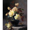 Table avec vase bleu à bord doré, avec roses jaunes <br />
       <small>Huile sur toile - <small85>Hauteur x Largeur</small85> : 51 x 40  cm - <small85>Signé</small85> : F. Mortelmans Antw <small85>à droite en bas</small85></small>