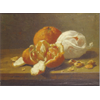 Still Life with oranges and nuts <br />
       <small>Oil on canvas - <small85>Height x Width</small85> : 24 x 36 cm - <small85>Signed</small85> : F. Mortelmans <small85>right below</small85></small>