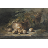 Still Life with  wicker basket, cupper pot and onions <br />
       <small>Aquarelle - <small85>Height x Width</small85> : ... - <small85>Signed</small85> : F. Mortelmans <small85>right below</small85></small>