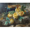 Still Life with blue cup and yellow roses <br />
       <small>Aquarelle - <small85>Height x Width</small85> : 40 x 50 cm - <small85>Signed</small85> : F. Mortelmans <small85>right below</small85></small>