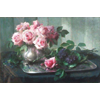 Zilveren dienblad waarop tinnen pot met roze rozen en paarse bloemen <br />
       <small>Olie op doek - <small85>Hoogte x Breedte</small85> : 48 x 81 cm - <small85>Getekend</small85> : F. Mortelmans <small85>rechts onder</small85></small>