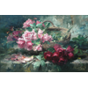 Wicker basket with pink and red roses <br />
       <small>Oil on canvas - <small85>Height x Width</small85> : 66 x 83,5 cm - <small85>Signed</small85> : F. Mortelmans <small85>right below</small85></small>