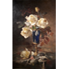 Vase bleu sur pied doré avec roses jaunes (Texas) <br />
       <small>Huile sur toile - <small85>Hauteur x Largeur</small85> : 19 x 31 cm - <small85>Signé</small85> : Frans Mortelmans Antw <small85>à gauche en bas</small85></small>