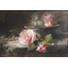 Table on which grey plate with 3 pink roses <br />
       <small>Oil on canvas - <small85>Height x Width</small85> : ... - <small85>Signed</small85> : F. Mortelmans <small85>right below</small85></small>