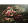 Wicker basket with pink and red roses <br />
       <small>Oil on canvas - <small85>Height x Width</small85> : ... - <small85>Signed</small85> : F. Mortelmans <small85>right below</small85></small>